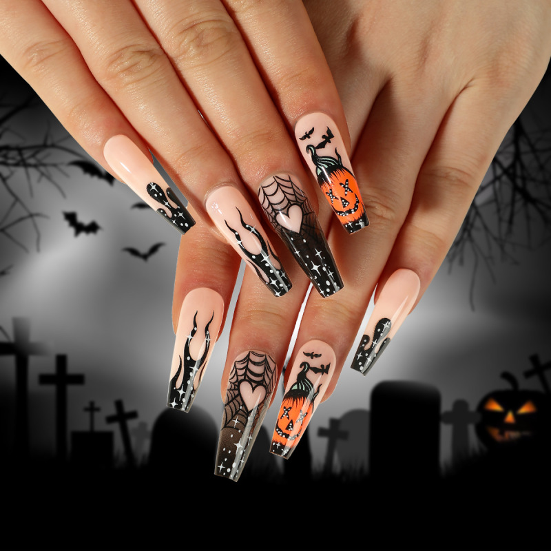 Wear fake nail piece Halloween nail art black French flame love cobweb pumpkin bat wearable nail piece Wear fake nail piece Halloween nail art black French flame love cobweb pumpkin bat wearable nail piece