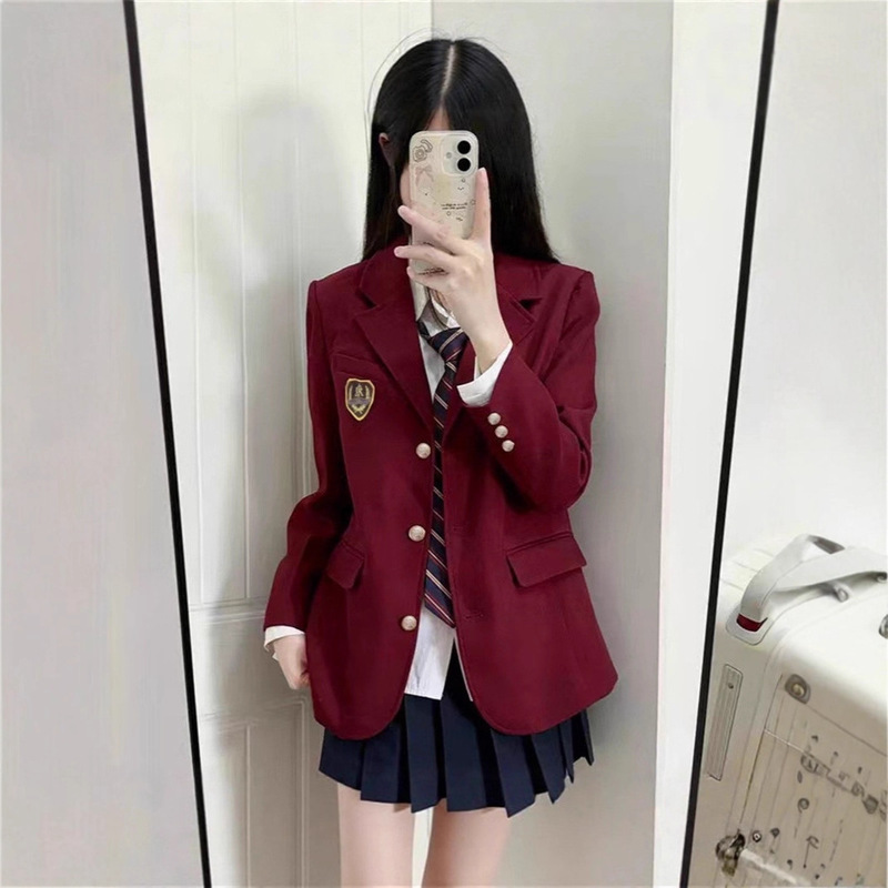2026 Uniform Authentic Suit Jk Jacket Spring and Autumn College Student Top Wine Red Suit Badge Jacket 2026 Uniform Authentic Suit Jk Jacket Spring and Autumn College Student Top Wine Red Suit Badge Jacket
