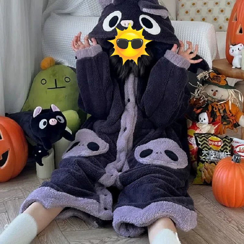 Костюм пижамы и халата из кораллового бархата с зимним плюшем, толщиной, размеры S–XL, милый звериный капюшон