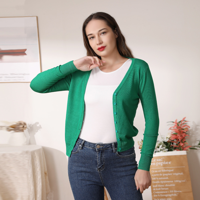 Mercerized cotton spot autumn v-neck sweater women's sweater coat Korean women's autumn long sleeve top cardigan