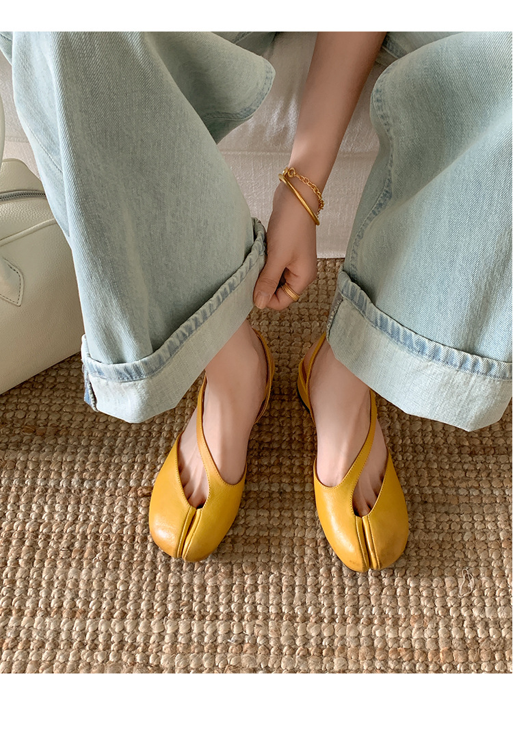Sandal nữ da trâu chia ngón chân mũi trùm đế bệt — Đỏ (cao 1cm) chi tiết 18