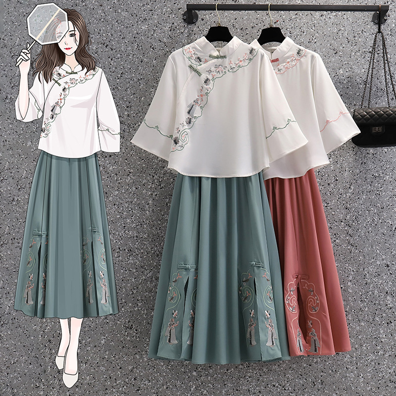 Ethnic-style Hanfu Women's Summer and Tang Suit Hanfu Embroidery plus size Women's Clothing for Shorty Hanfu Improved Cheongsam Two-piece Set