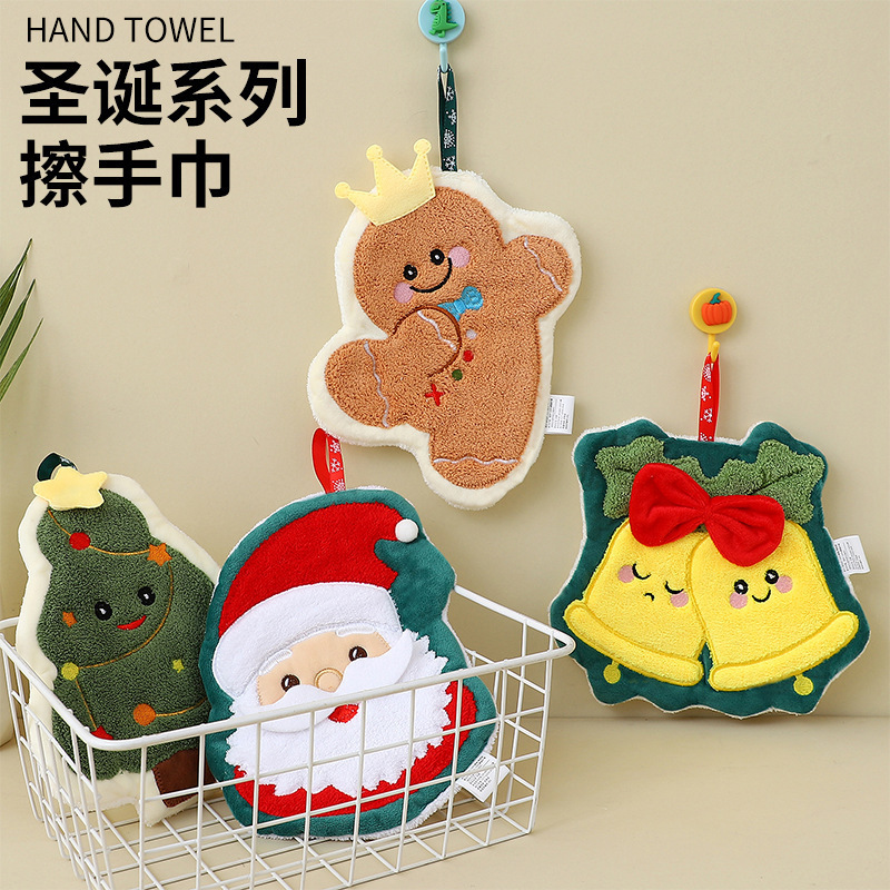 Cute Embroidered Christmas Series Hand Towels, Soft and Hangable Hand Towels, Bathroom Kitchen Children's Hand Towels