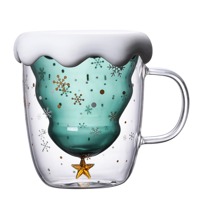 Forro de color de vidrio borosilicato de doble capa creativa forma de árbol de Navidad Star Wish Cup Taza taza de café de desayuno en casa