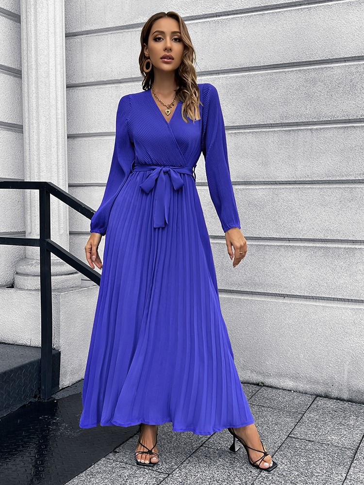 British Style Solid Color V Neck Long Sleeve Ruched Polyester Dresses Midi Dress Pleated Skirt display picture 7