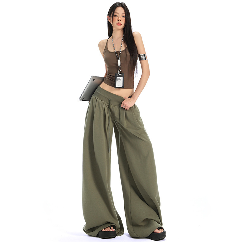 灰绿色运动卫裤女春秋2025新款夏季美式休闲低腰抽绳宽松阔腿裤子|undefined