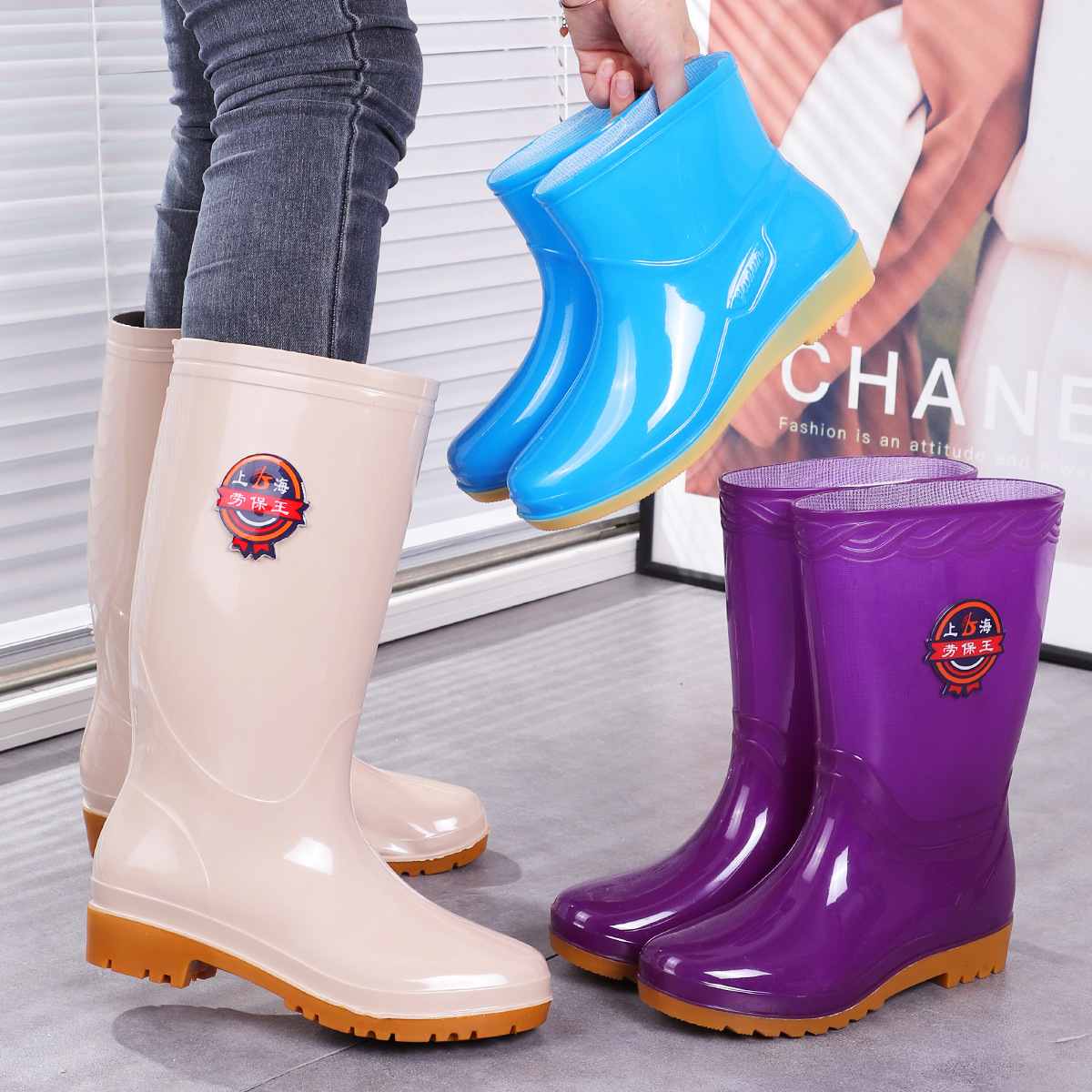 Zapatos de agua de cilindro alto de cocina de mujer con zapatos de lluvia de algodón de lana, zapatos de goma de mujer, zapatos de tendón de torón de cilindro corto antideslizante image 1