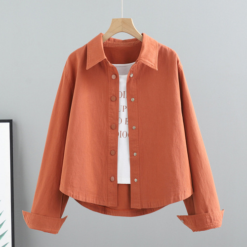 Women's Short-Sleeve Cotton Denim Jacket Spring and Autumn Season Korean Style Loose Fit Versatile Long-Sleeve Shirt Work Jacket Top