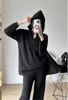 Pantaloni larghi a gamba larga in maglia alla moda casual coreana per le donne autunno e inverno nuovo articolo maglione con cappuccio di colore solido_voghion.com