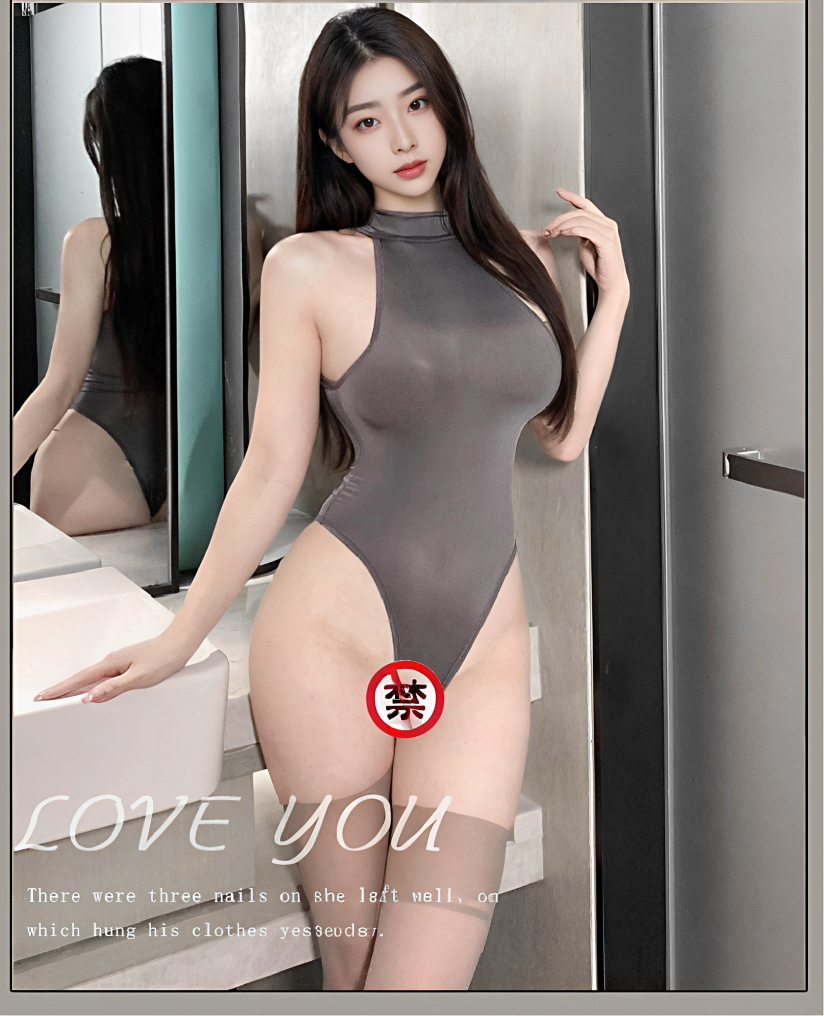 Open-Style Crotchless Jumpsuit Lingerie Set with Stockings, Grey Polyester Blend — detail image 3