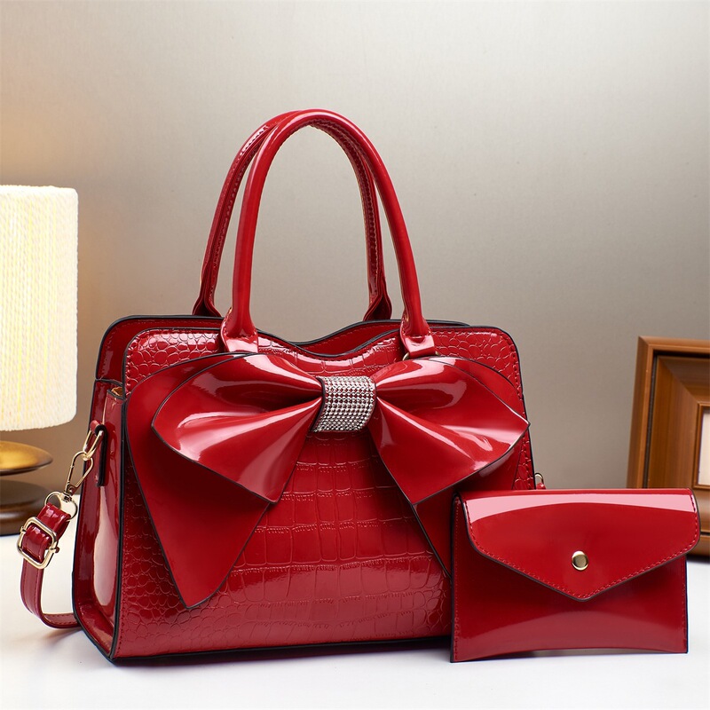 Cross-Border Export Large Handbag 2025 New Elegant Crocodile Pattern Bow Large Capacity Patent Leather Glossy Crossbody Bag