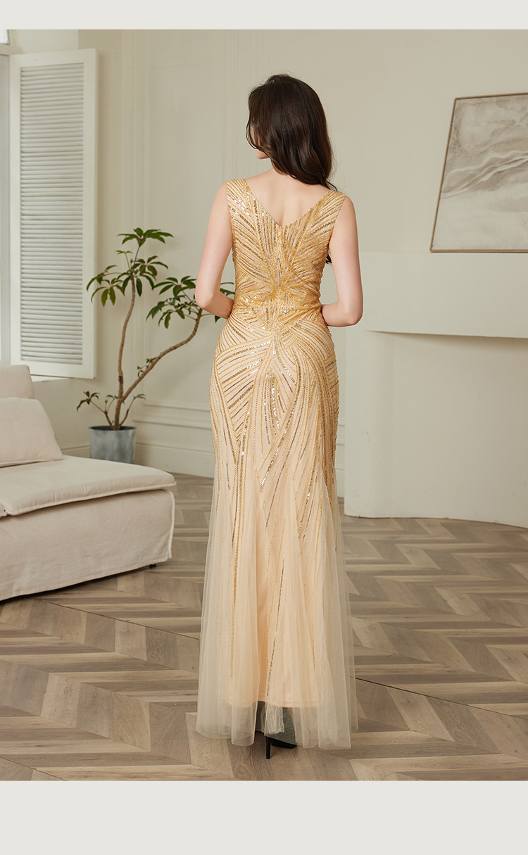 Paillettenkleid, elegantes Abendkleid, europäischer und amerikanischer Stil, tailliertes Partykleid, langes Kleid_voghion.com