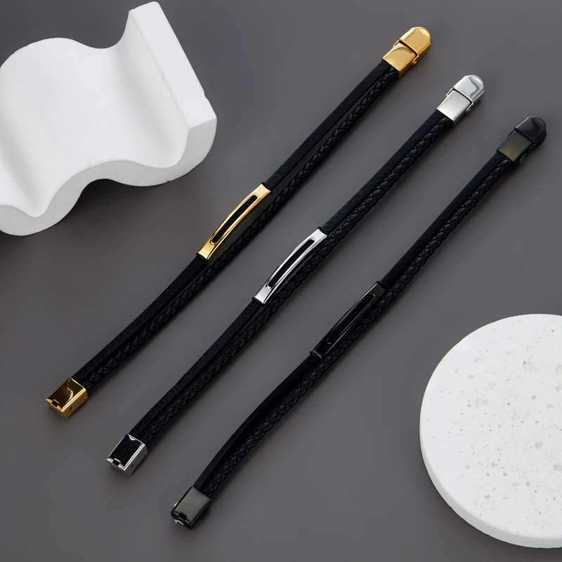 Simple Black Hand-Woven Leather Rope Stainless Steel Buckle Bracelet Men's Retro Leather Bracelet Bracelet Wholesale