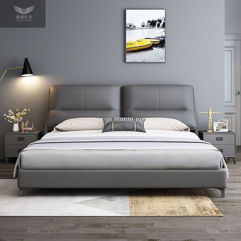 Cama de cuero minimalista italiana nórdica dormitorio principal atmósfera de gama alta cama doble de 1.8m madera maciza cama de matrimonio