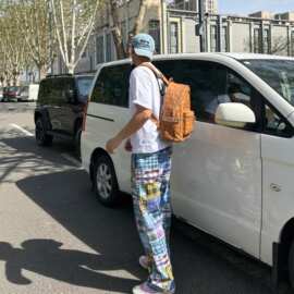 【百家布】春夏季弯刀版型抽绳松紧裤男女同款设计拼接感格子长裤