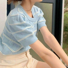 2024夏季新款韩版宽松显瘦韩版条纹浅蓝色法式针织衫上衣短袖女