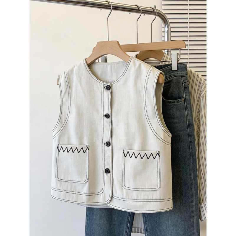 High-Quality Cotton White Denim Sleeveless Vest for Women, Spring and Summer Workwear with Pockets, Layered Vest, Super Stylish Top for Autumn