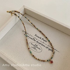 波西米亚风天然石串珠红色方糖项链女时尚轻奢高端气质百搭锁骨链