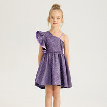 紫色亮片女童礼服2025新款斜肩燕尾服儿童演出生日公主裙