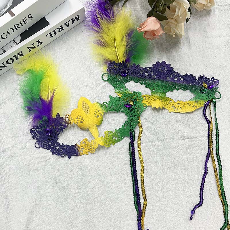 Nueva máscara de carnaval tricolor plumas máscara de diamante tricolor flores laterales máscara de brida media cara baile
