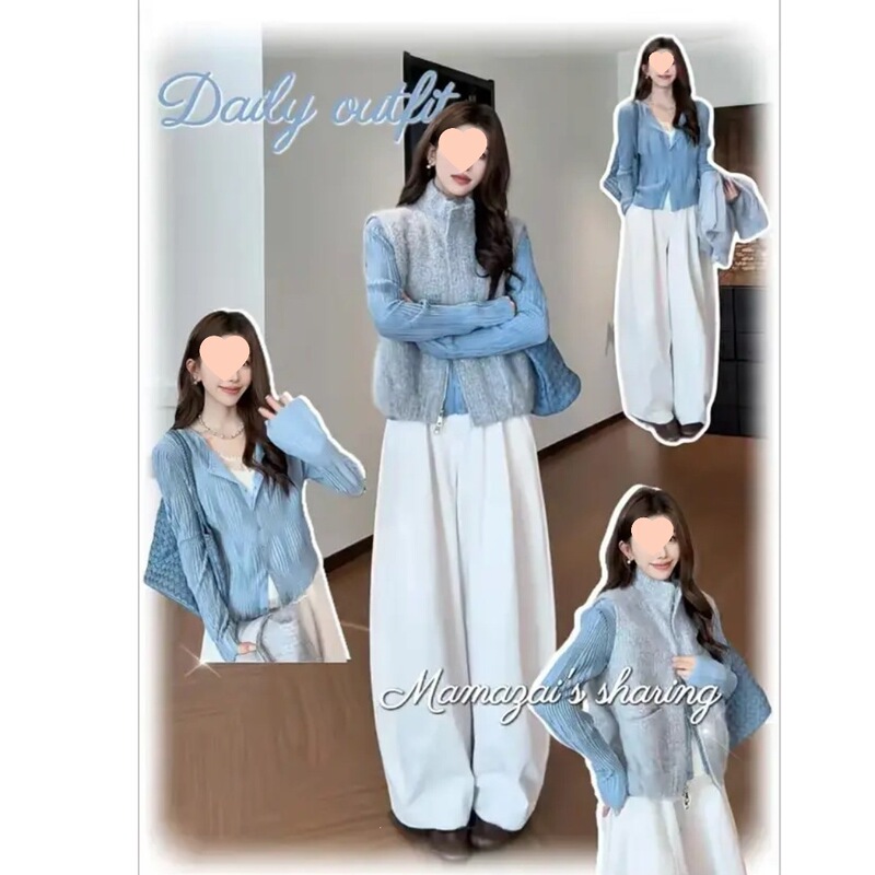 Autumn new Korean-style blue pleated knit sweater, gray vest, and casual pants – a three-piece set for women