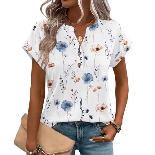 2026 Cross-Border Foreign Trade Independent Site Summer New Heart-Shaped Flower Print Versatile V-Neck_ecoleips.com