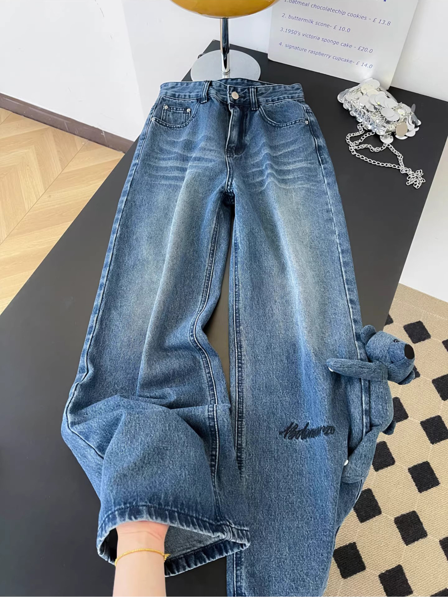 Women's High-Waisted Slimming Wavy Washed Denim Jeans Casual Loose Wide Leg Floor-Length Trousers With Letter Embroidery American Retro Summer Style_ecoleips.com