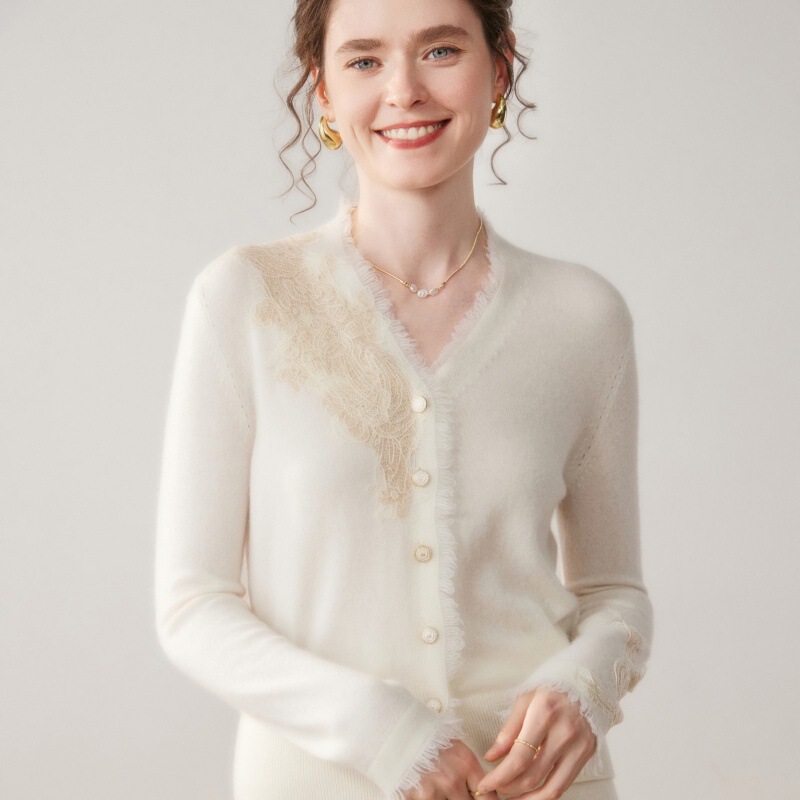 Autumn and Winter Cashmere Cardigan for Women with Lace Trim, V-Neck, Skin-Friendly, Loose Fit, Plus Size, Knitted Base Layer, Factory Wholesale