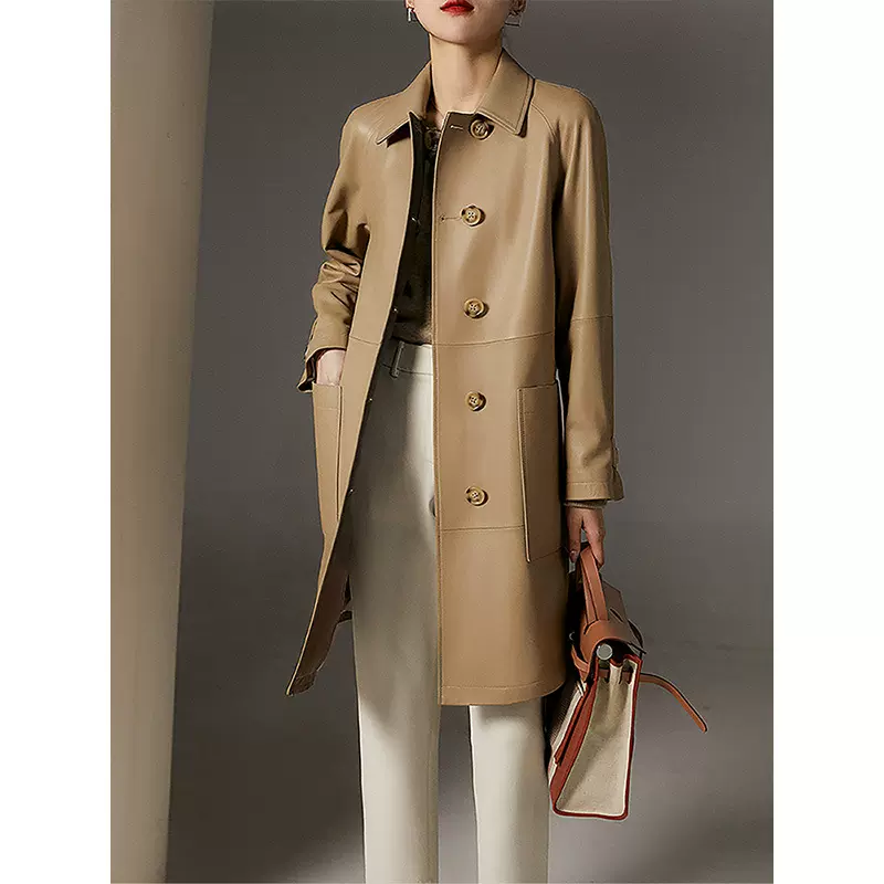 英伦休闲绵羊皮中长款皮风衣女士新款高级洋气真皮外套丨源头工厂