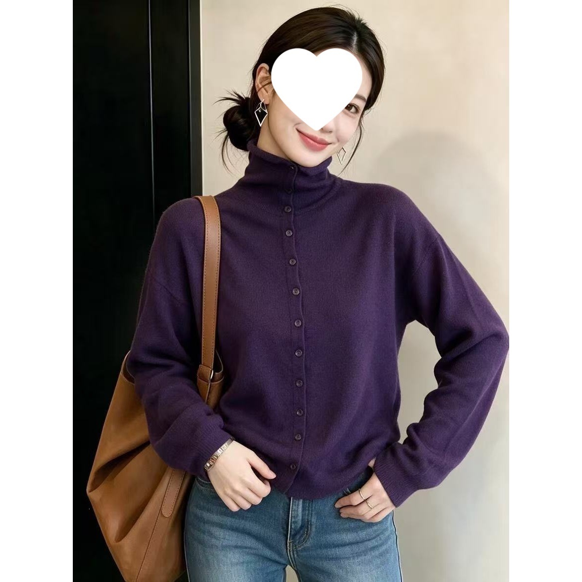 跨境现货秋冬极简高领排扣针织毛衣女显瘦长袖紫色高级感内搭上衣