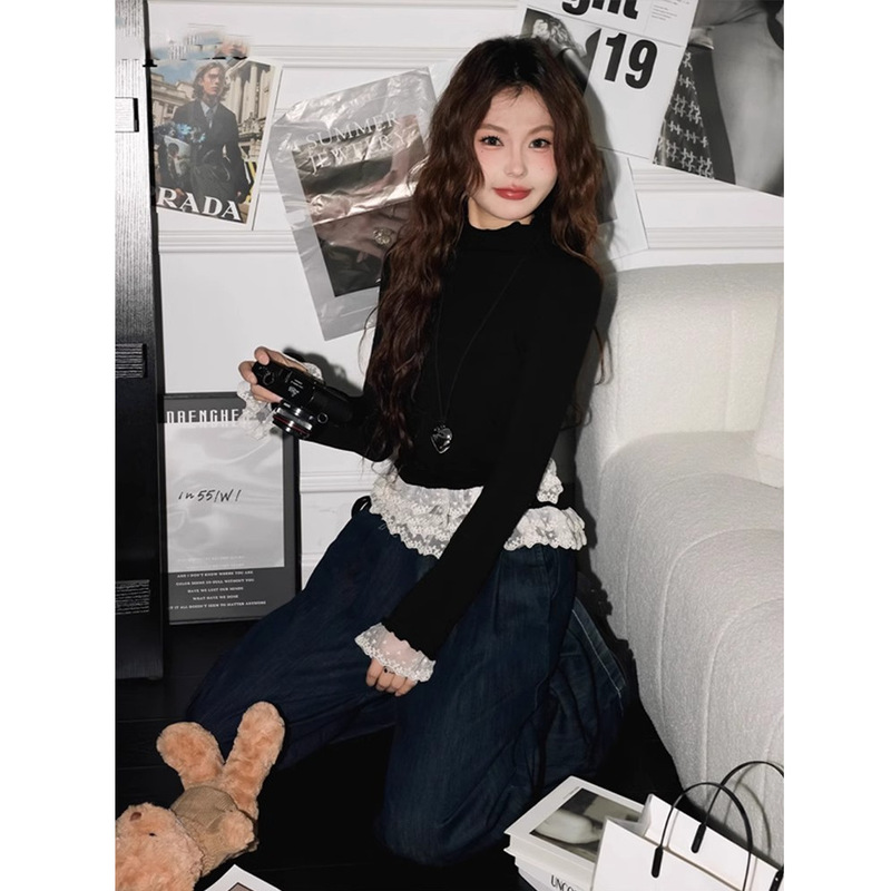 [40 Count Cool Silk Cotton 1X1 Thread] Black Lace Inner Wear with 2025 Spring Ear-Shaped Right Shoulder