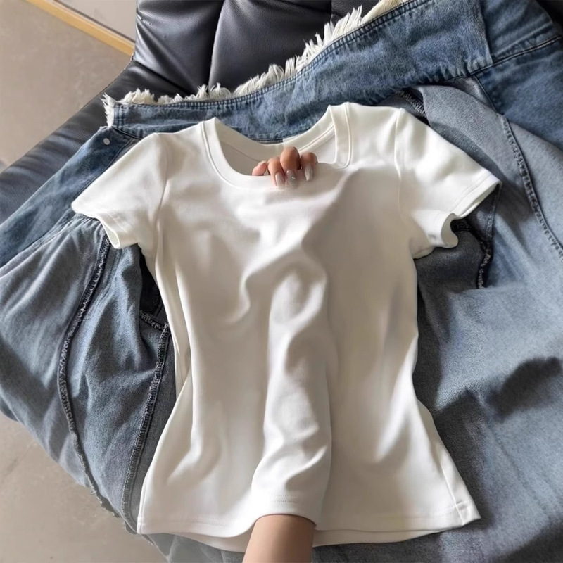 Right Shoulder Short-Sleeved T-Shirt U-Neck Girls Summer 2025 New Women's Popular Multi-Color Versatile Casual Basic Tops