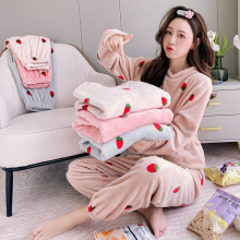 珊瑚绒草莓暖暖套装睡衣女外穿少女秋冬保暖家居服套装女可外穿