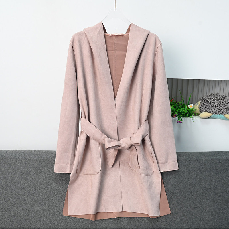 Siqi Women's Clothing 268/31 Vintage Style Suede Hooded Belted Casual Mid-Length Trench Coat