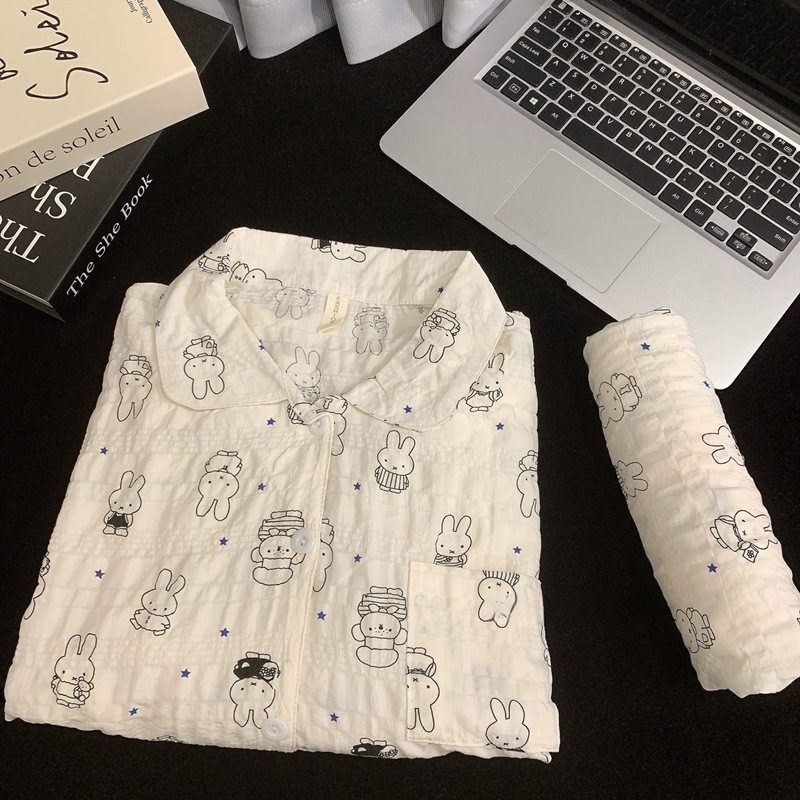 ins Miffy Rabbit pure cotton gauze pajamas for women, long-sleeved and long-pants, spring and autumn two-piece set, loose-fitting student cotton silk home wear ins Miffy Rabbit pure cotton gauze pajamas for women, long-sleeved and long-pants, spring and autumn two-piece set, loose-fitting student cotton silk home wear