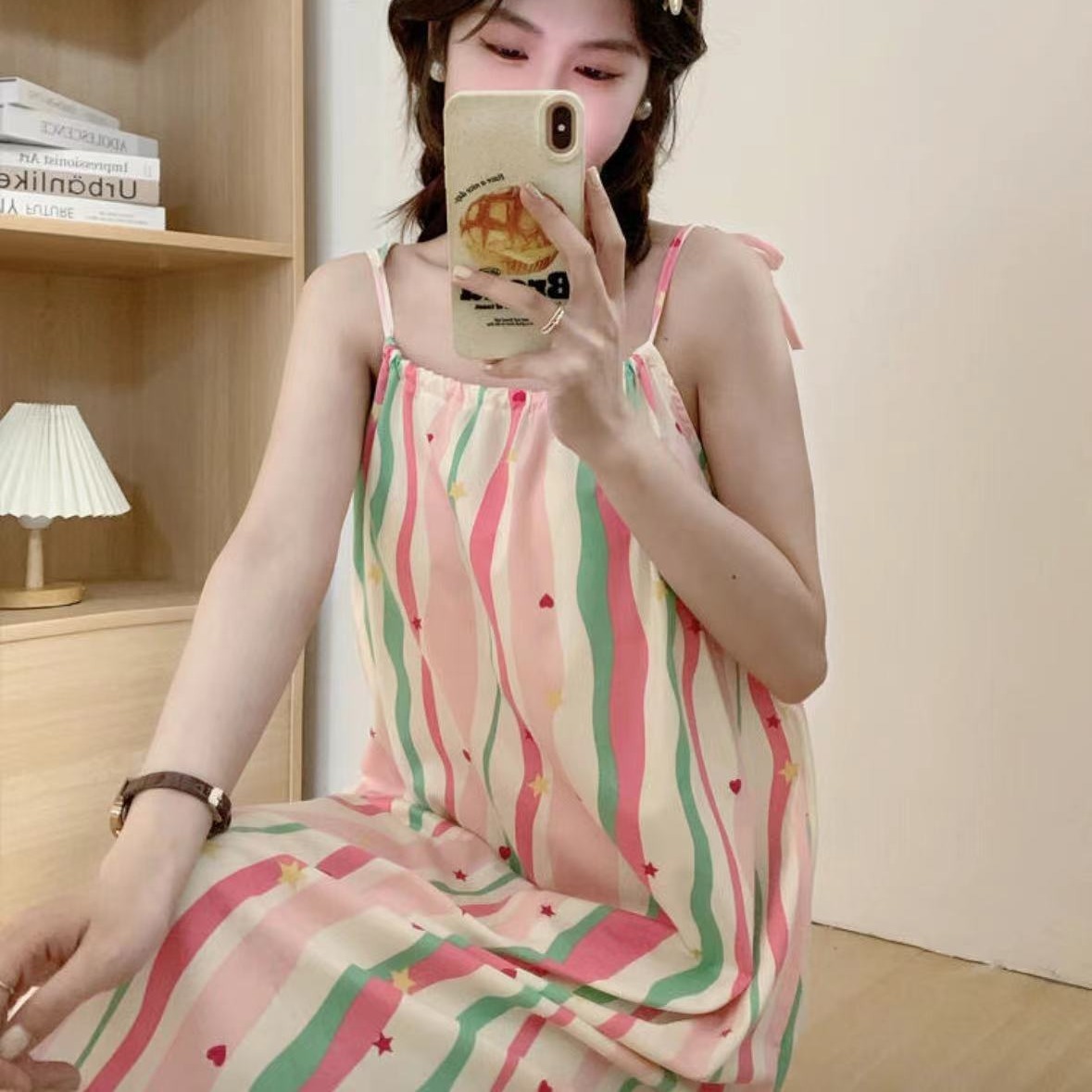 Verano nuevo vestido de dormir de mujer falda media estofado de pecho arco iris de dopamina línea dulce simple vestido casero casual al por mayor