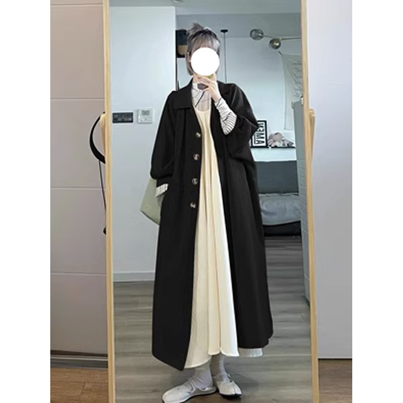 Elegant Goddess Oversized Long Trench Coat for Women, New Autumn Chinese Style Patchwork Striped Casual Versatile Jacket