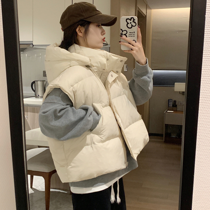 2024 Korean-style Spring and Autumn All-match Thickened Hooded Down Vest Women's Short Loose Warm Removable Cap Vest