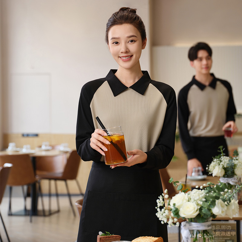 奶茶店餐饮长袖LOGO印制秋冬工装服务员工作服