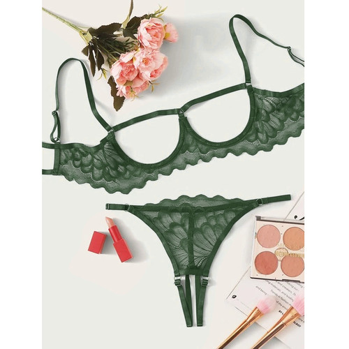 Semi-exposed breast, three-point strappy, sheer, seductive panties with open crotch—detachable two-piece set