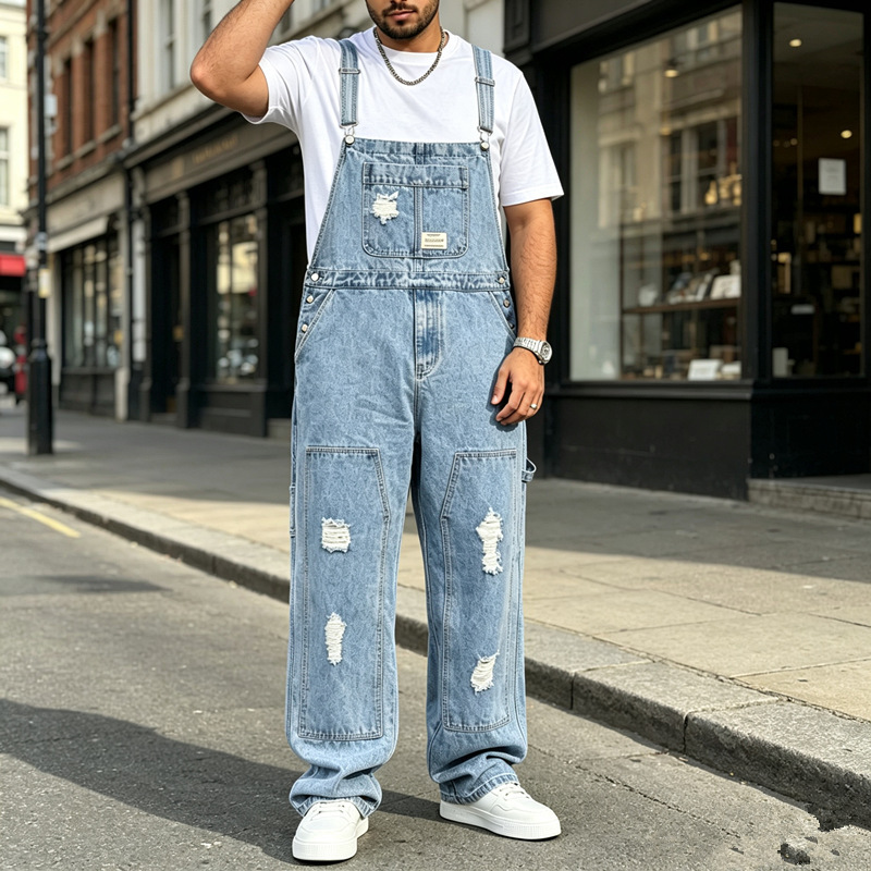 Cross-border European and American oversized men's denim overalls, trendy ripped simple loose straight-leg plus-size jumpsuit