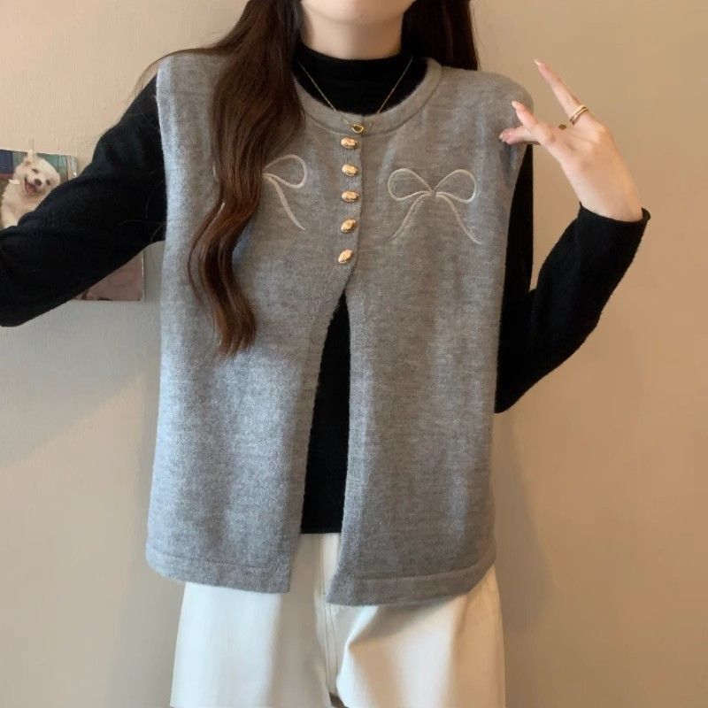 Xiaoxiangfeng Butterfang Knot izšūts pelēks džemperis-veste sievietēm rudens un ziemas sakrautas bezpiedurkņu adīta plecu daļa_voghion.com