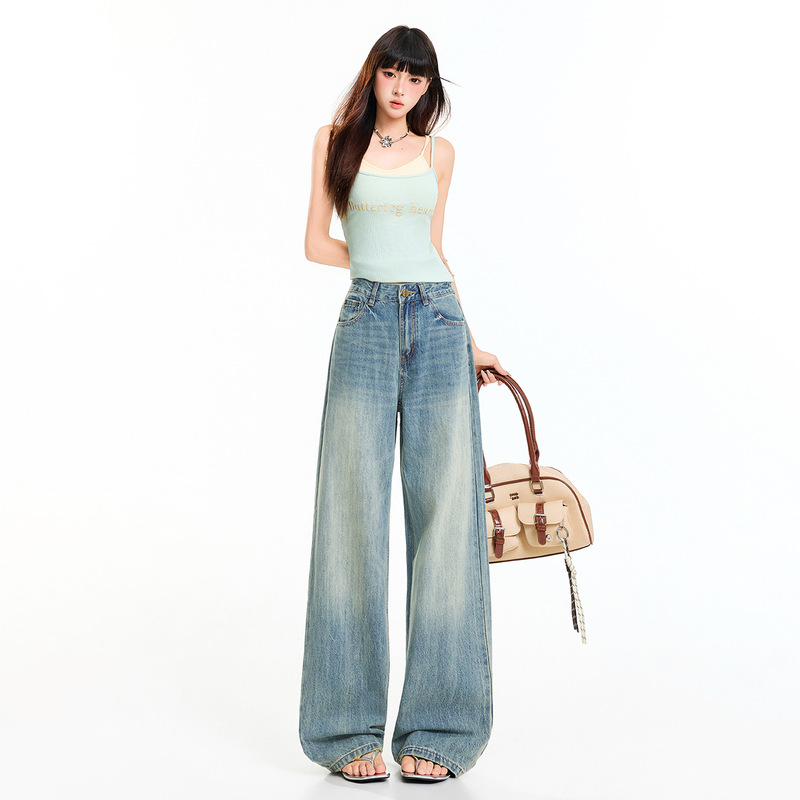 Light Blue Low-Waist Ripped Jeans for Women, Loose Fit, Slimming, Casual Wide-Leg Pants, New Style, Loose Fit, Simple for Commuting and Everyday Wear