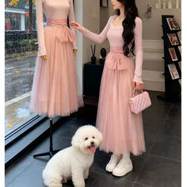 胡桃夹子 少女感温柔拼接网纱仙女风显瘦长袖连衣裙加厚 2025秋冬