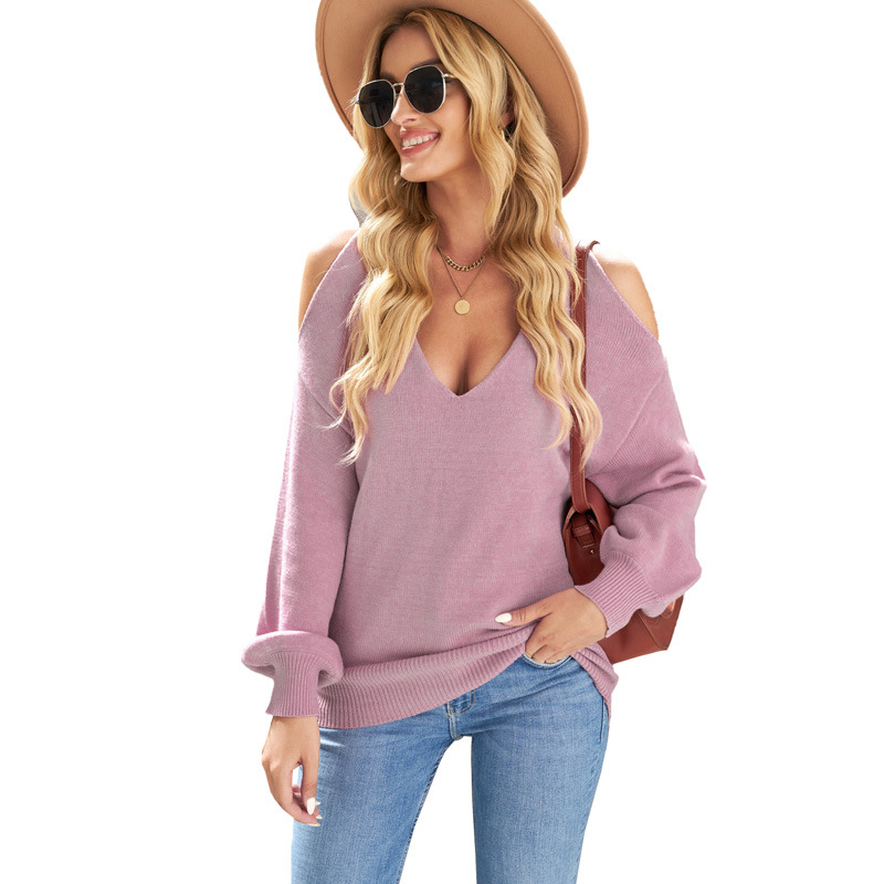 时颖亚马逊毛衣女秋冬季跨境新款纯色拼接v领露肩性感针织上衣女