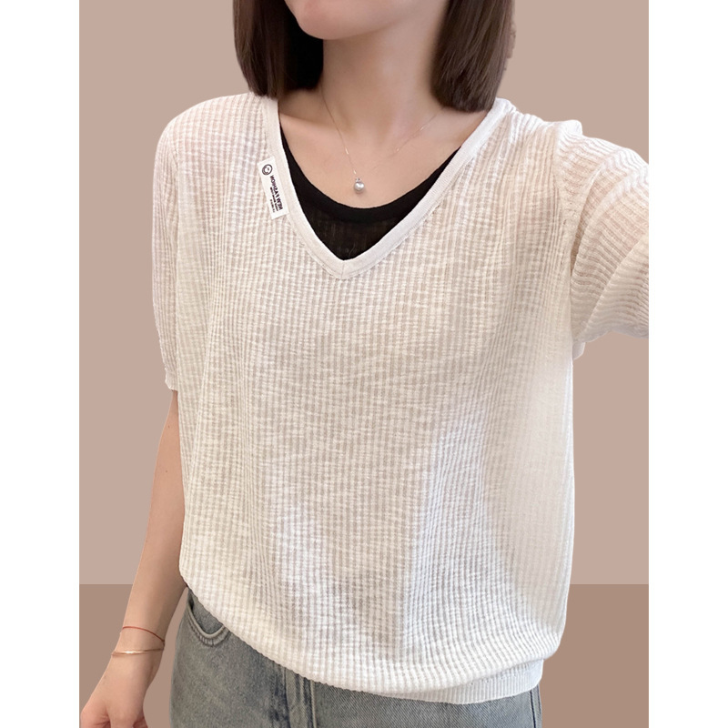 ヨーロッパ偽ツーピースアイスシルクニット半袖Tシャツ女性用2025夏大きいサイズお腹カバー痩身ヨーロッパトップ|undefined