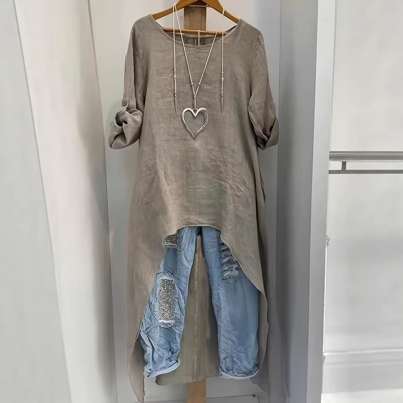 Women's Linen Asymmetrical Long Top, Round Neck Loose Shirt with Short Front and Long Back, Stylish and Versatile Fashion Shirt Women's Linen Asymmetrical Long Top, Round Neck Loose Shirt with Short Front and Long Back, Stylish and Versatile Fashion Shirt