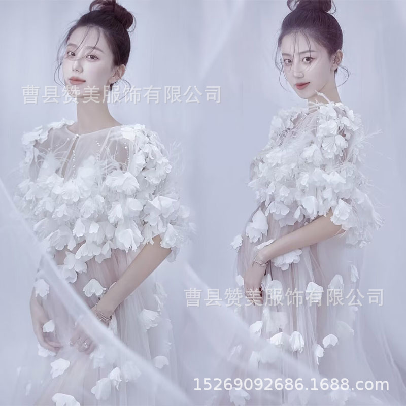 Pregnant women's photo clothing beautiful cute fairy three-dimensional flower white gauze studio pregnant women's photo art photo dress