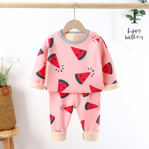 Children's thermal underwear set 24 new autumn and winter new medium and large children's home wear for boys and girls long-sleeved velvet thickened children's wear