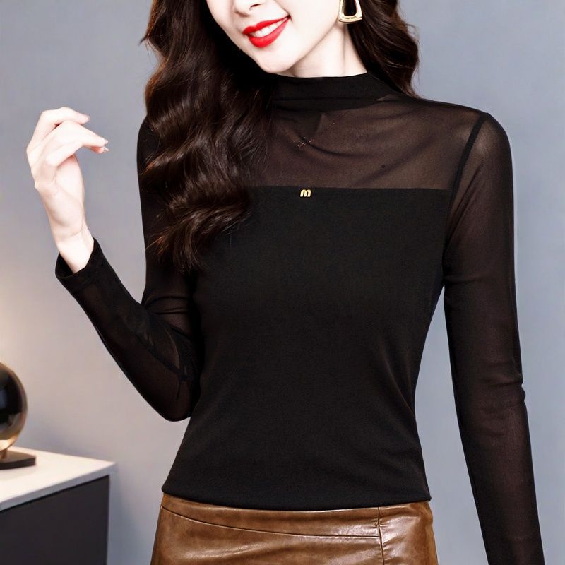 Fashionable Half-high Collar Solid Color Mesh T-shirt For Women,...